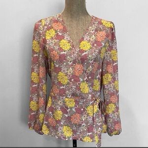 Pleione Coastal Wrap Blouse Pink and Yellow Floral Size medium
